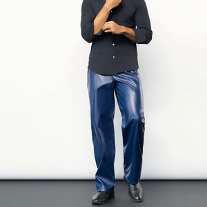MORTAL SAGA Men's Blue Wide Leg Leather Canvas <b>Trousers</b> <b>Elastic</b> <b>Waist</b> Side Stripe Formal Anti-Wrinkle Midweight Winter Wear - Product Image 6