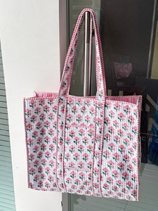 <b>Boho</b> Quilted Tote Shoulder Patch <b>Bag</b> Eco-Friendly Cotton Handprint Floral Customizable Logo Weekday Weekend Custom Printing - Product Image 4