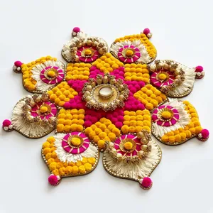 Décoration traditionnelle en coton Rangoli avec pompons roses et jaunes et perles dorées pour décoration de mariage, ensemble Rangoli - Product Image 5