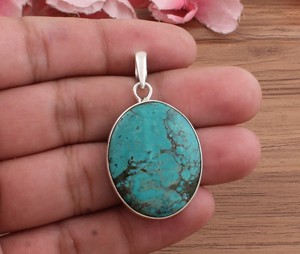 Colgante de Turquesa Tibetana Natural al por Mayor, Plata de Ley 925, Chapado en Platino, Hecho a Mano, Gema Azul Verde del Himalaya, Unisex - Product Image 2