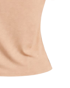 Camiseta Beige para Mujer con Hombros Descubiertos, Ribete de Rayas Marrones en Contraste, Manga Corta, Corte Ajustado, Informal, Verano, Fabricante OEM Personalizado - Product Image 6