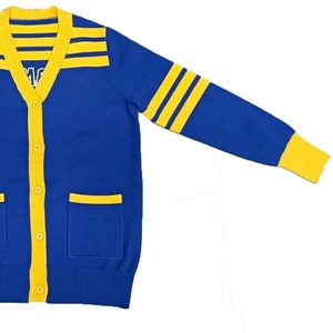 Cárdigan Azul de Punto para Mujer de la Hermandad Sigma Gamma Rho, Cuello en V, Manga Larga con Rayas Amarillas y Botones, Estilo Preppy - Product Image 3