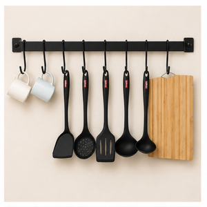 Space-Saving Wall Mounted Kitchen Organizer Rack Heavy-Duty Black Metal Rail with S-<b>Hooks</b> for Utensils Mugs and Cookware Storage - Product Image 6