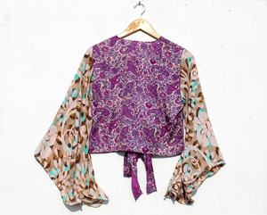 New Arrival Silk Bohemian Flare Bell Sleeve Tie <b>Top</b> Boho Wrap <b>Top</b> <b>70s</b> Style Fashion Festival Crop <b>Top</b> - Product Image 6