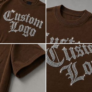 Camiseta Oversize Personalizada con Letras Góticas de Diamantes de Imitación para Hombre, Estilo Urbano, Manga Corta, Tejida, Cuello Redondo, Gráfico, Marrón - Product Image 5