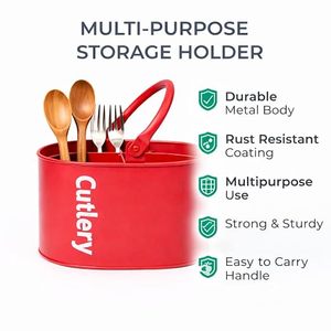 <b>Red</b> Cylindrical <b>Metal</b> Cutlery Storage Holder with Handle for Kitchen Tableware Organization Modern Design - Product Image 2