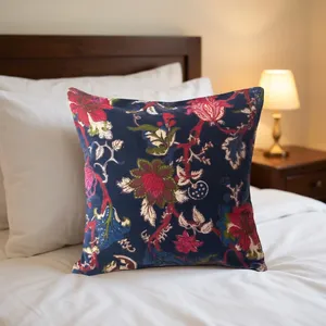 <b>Navy</b> <b>Blue</b> Velvet Cushion Covers with Vintage Floral Print Decorative <b>Throw</b> Pillows <b>for</b> <b>Sofa</b> Bedroom and Home Decor - Product Image 1