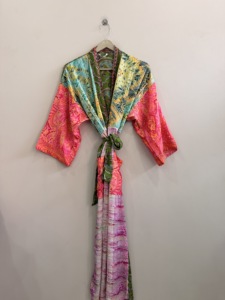 Patchwork Silk <b>Satin</b> Long <b>Kimono</b> <b>Robe</b> Soft and Comfy Summer Beach Cover up with V-neck Drawstring Closure Front Logo Mid Rise - Product Image 1