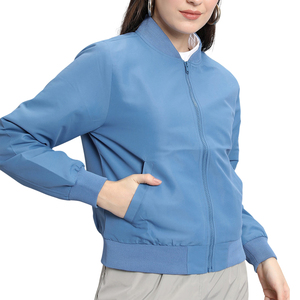 เสื้อแจ็คเก็ตบอมเบอร์สีน้ำเงินสำหรับผู้หญิง สีพื้น แขนยาว คอตั้ง ปิดด้วยซิป บุด้วยโพลีเอสเตอร์ เหมาะสำหรับใส่ในฤดูใบไม้ร่วง - Product Image 2