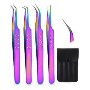 Ensemble de 4 pinces à cils arc-en-ciel en acier inoxydable, outils de beauté pour extensions de cils à pointe incurvée et droite de précision, avec étui de rangement - Product Image 4