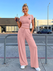 Women's Pink 2 Piece Casual <b>Set</b> Short Sleeve Crop Top Wide Leg Pants Pockets Breathable Regular Fit All Seasons Eco-Friendly - Product Image 5