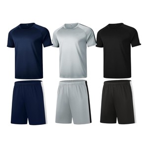 Ensemble de shorts de sport décontractés pour hommes, été, gris clair, t-shirt à col rond, tricoté, 100% coton, respirant, couleur unie, manches courtes - Product Image 3