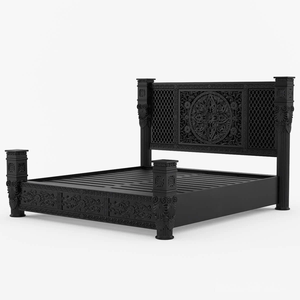 Cadre en bois classique de taille moyenne avec une tête de lit capitonnée crème et des panneaux décoratifs floraux sculptés, disponible au prix de gros - Product Image 5