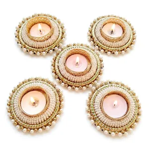 Handmade Round <b>Tea</b> <b>Light</b> Holder with Pearl and Gold Bead Embellishments Wall Mounted for Christmas and Easter Home Decoration - Product Image 5