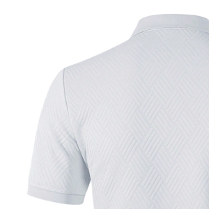Chemise Homme Tricotée Jacquard Texturée Unie Respirante à Manches Courtes avec Col et Poignets Contrastants, Bordure Motif Clé Grecque, Style Smart Casual Tendance - Product Image 4