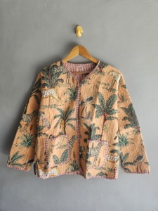 Veste matelassée pour femme, imprimé animal, coton tissé, manches trois quarts, col rond, poche plaquée, style été, cadeau pour elle - Product Image 1
