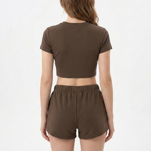 Latest Arrival Solid Color Crop T Shirt and Shorts <b>Set</b> 100% Cotton Women Short Sleeve Crop T Shirts With Shorts <b>Twin</b> <b>Set</b> - Product Image 3