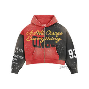 Sweat à capuche zippé court épais en coton, coupe ample, effet vieilli, avec logo personnalisé, unisexe, streetwear d'hiver, impression numérique et broderie - Product Image 5