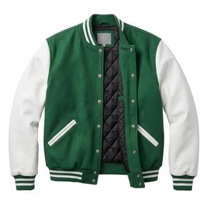 Veste universitaire verte pour homme avec logo personnalisé, en laine, manches en cuir crème, fermeture à boutons-pression, col côtelé, fabricant en gros - Product Image 2