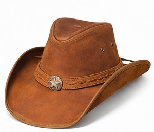 Chapeau de cowboy western en cuir brun rustique avec concho étoile, style vintage ranch, large bord, pour homme, idéal pour l'équitation et les activités de plein air - Product Image 5