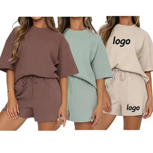 Ensemble deux pièces pour femme de haute qualité à bas prix, t-shirt et short, tricot en coton uni, décontracté, léger et respirant - Product Image 1