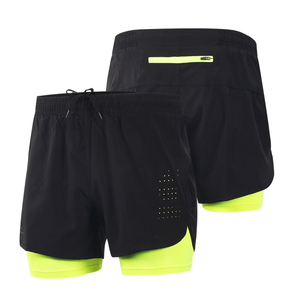 Adult Men's Black Double <b>Layer</b> Sport Shorts With Neon Green Inner Quick Dry Breathable Drawstring Waist Short Length - Product Image 5