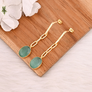 Handmade Gold Plated Green <b>Cat's</b> Eye Gemstone Brass <b>Earrings</b> Trendy Fashion Statement Jewelry for Women - Product Image 2