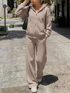 Ensemble sweat-shirt à capuche oversize beige en molleton de coton avec fermeture éclair et pantalon de jogging décontracté de couleur unie, coupe unisexe pour l'automne - Product Image 3