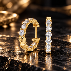 Boucles d'oreilles créoles Huggie en or massif 14K 18K avec diamants de laboratoire CVD à griffes partagées, 1,60 CTW DEF-VVS-VS, Bijoux fins - Product Image 1