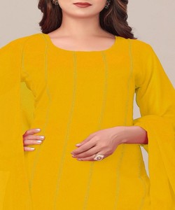 NOUVELLE ARRIVÉE : Ensemble Sharara en Georgette avec Broderies et Dupatta – Tenue de Cérémonie – Prix de Gros – Vêtement Ethnique en Coton Tissé Jaune - Product Image 5