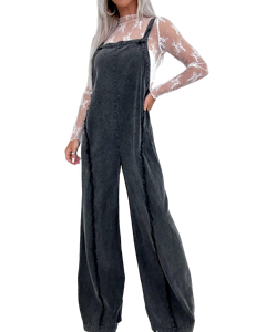 Women's Light Blue Denim Overalls High Waist Wide Leg Loose Fit Sleeveless Casual Summer <b>Jumpsuit</b> With Lace Trim - Product Image 5