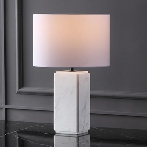 High End Marble <b>Table</b> <b>Lamp</b> With Minimal Rectangular <b>Base</b> Premium Drum Shade And Contemporary Designer Elegance - Product Image 3