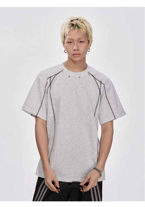 T-shirt blanc surdimensionné pour homme, manches courtes, col rond tricoté, bordure contrastante, style streetwear, couleur unie - Product Image 3