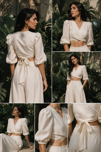 Ensemble de vacances deux pièces de qualité supérieure - Blouse élégante à manches bouffantes style bohème en lin/coton respirant et écologique - Product Image 6