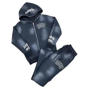 Ensemble de survêtement personnalisé brodé effet vieilli, comprenant un sweat à capuche et un pantalon de survêtement évasé 2026, style streetwear vintage, OEM ODM - Product Image 3