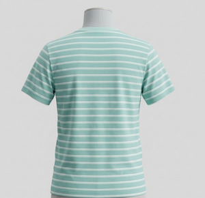 เสื้อยืดลายทางผู้ชาย พิมพ์โลโก้ได้ ผ้าฝ้าย 100% สีเขียวอมฟ้าและสีขาว ลายทางแนวนอน คอกลม สไตล์สตรีทแวร์ ลำลอง แขนสั้น - Product Image 4