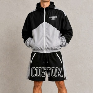 Conjunto de Dos Piezas de Ropa Urbana de Nailon para Hombre, Chaqueta y Pantalones Cortos con Bloques de Color, Cuello Alto y Estampado Gráfico con Letras - Product Image 6