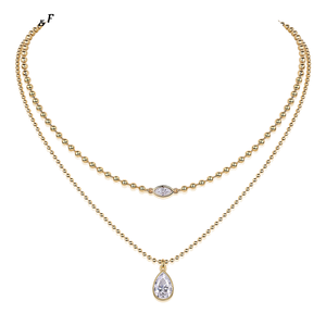 Collier à chaîne perlée plaqué or jaune 10K à 2 couches avec pendentif en moissanite taille goutte d'eau, bijoux pour femmes - Product Image 4