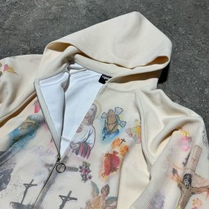 Sweat à capuche zippé pour homme en tissu gaufré, imprimé religieux, style streetwear, 100% coton, écologique, service OEM - Product Image 5