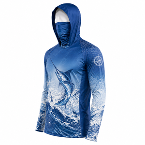 เสื้อตกปลาแขนยาวมีฮู้ดสีน้ำเงินสำหรับผู้ชาย พิมพ์ลายคลื่นมาร์ลินด้วยเทคนิค Heat-Transfer ป้องกันรังสียูวี UPF 50 แห้งเร็ว ปรับแต่งได้ เหมาะสำหรับกิจกรรมกลางแจ้ง - Product Image 2