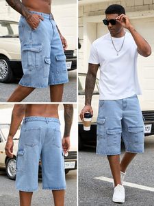 Men's Light Blue Denim Cargo Shorts Mid Waist Button Fly Casual Bermuda Style With Pockets Breathable Cotton Fabric - Product Image 3