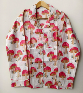 Handmade Summer Mushroom Print Cotton Pajama Set for Women Breathable Quick-Dry Luxury Block Printed Long Sleeve Button-<b>Down</b> - Product Image 4