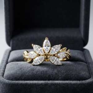 แหวนรูปทรงดอกไม้ประดับเพชรทรงมาร์คีส์ ดีไซน์กิ่งไม้ ทองคำแท้ 14k เพชรเพาะเลี้ยง เหมาะสำหรับงานปาร์ตี้ ของขวัญเซอร์ไพรส์สำหรับคนรัก - Product Image 2