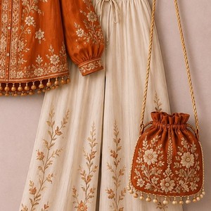 Conjunto de chal floral de algodón y gasa bordado tradicional para mujer, estilo indio y pakistaní, para uso diario informal, en tonos marrón y dorado, para todas las estaciones. - Product Image 3