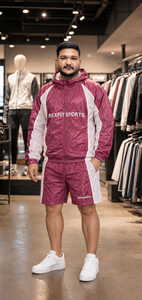 REXFIT SPORTS 2026 Ensemble de survêtement personnalisé pour homme en nylon bordeaux et blanc, 2 pièces, veste coupe-vent à capuche et short, avec marque privée - Product Image 2