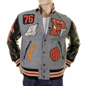 Men's Gray Woolen Varsity <b>Jacket</b> Wool Sleeves <b>Patchwork</b> Design Embroidered Logo Turn-down Collar Winter Windproof Breathable - Product Image 3