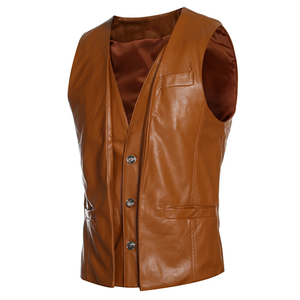 High Street PU <b>Leather</b> V-Neck <b>Vest</b> Single Breasted Button Closure Casual Autumn Outerwear Solid Color Regular Fit <b>Leather</b> <b>Vest</b> - Product Image 1