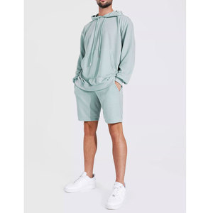 Ensemble de survêtement bleu clair à capuche pour homme, manches longues, short, couleur unie, décontracté, respirant, en coton, coupe ample, pour l'été - Product Image 1