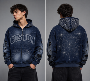 Custom Oversized Distressed & Rhinestone Zipper Hoodie Trendy Style Washed Boxy Fit 100% Cotton Fabric Hoodie For Unisex Wear - Product Image 3