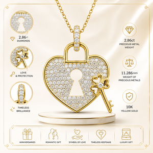 Collier pendentif de luxe en forme de cœur avec cadenas et clé en diamant |   Bijou Charme Amour Romantique en Or Jaune 10K pour Femme, Cadeau d'Anniversaire - Product Image 5